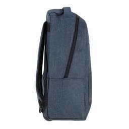 A blue wheeled backpack with a structured design and a single zipper side pocket. It features a logo on the surface.