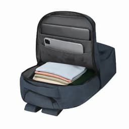 A wheeled backpack in dark blue featuring multiple compartments, including space for clothes and a laptop.