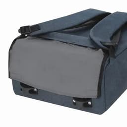 A dark blue wheeled backpack with adjustable straps and a grey compartment flap. The bag features a logo.