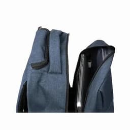 A backpack in navy blue with a zippered compartment, revealing a laptop inside. It features a logo on the exterior.