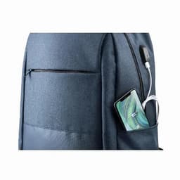 A backpack in navy blue with a front pocket and a smartphone plugged into a charging cable.