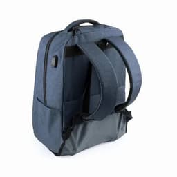 A backpack in a navy blue fabric with padded straps and a grey base. The design features a zip closure and logo.