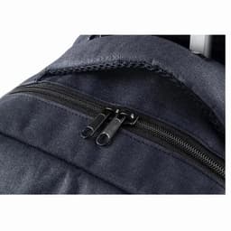 A dark grey backpack featuring a zippered compartment and a spacious opening. The fabric has a textured appearance.