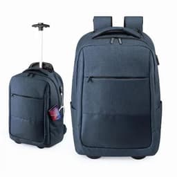 A navy blue wheeled backpack featuring a retractable handle and multiple compartments, including a front zip pocket.