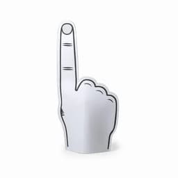 A foam finger in white with a graphic design, shaped like an index finger pointing upwards.