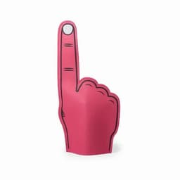 A pink foam finger with an extended index finger. It has a simple outline and a logo at the base.