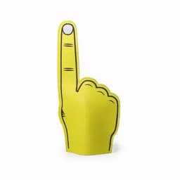 A yellow foam finger displayed upright, featuring a hand design with a single raised index finger.