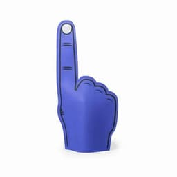 A blue foam finger with a raised index finger, featuring a simple design and an outline.