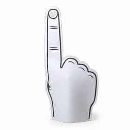 A foam hand shaped like a raised index finger, predominantly white with black outlines.