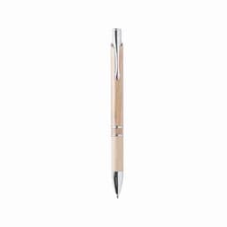 A pen featuring a wooden barrel with silver accents and a smooth writing tip, showcasing a simple and elegant design.