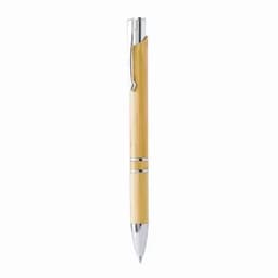 A pen with a bamboo barrel and silver accents, featuring a clip and a shiny tip.