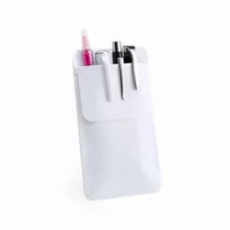 A white pencil case with multiple compartments, holding various writing instruments. It has a logo on the front.