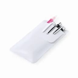 A white pen pouch containing three pens in black and pink. The pouch has a sleek, minimalist design.
