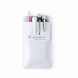 A white pouch containing various pens, with a logo printed on the front.