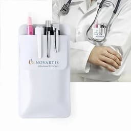 A white pen holder with multiple pens, featuring a logo, next to a doctor's arm with a stethoscope.