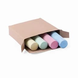 A box containing four cylindrical chalk sticks in pastel colours: green, pink, blue, and yellow. The box is open.