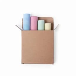A cardboard box containing four rolls of pastel-coloured paper: blue, pink, green, and yellow.