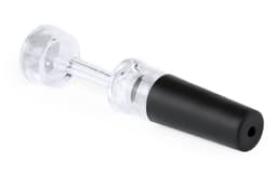 A clear and black drink bottle with a sleek design and a removable nozzle cap.