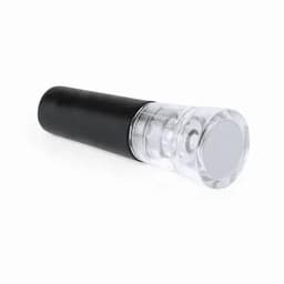A drink bottle featuring a clear cap and a black body, with a logo on the side.