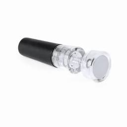 A drink bottle with a black body and a clear, cylindrical lid featuring a round end. It has a logo on the side.