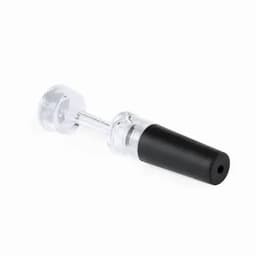A clear and black drink bottle with a distinctive spout and valve mechanism, featuring a branded logo.