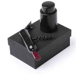 A drink bottle and corkscrew set in black, presented in a sleek black box. The bottle features a logo.