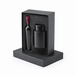 A drink bottle and a container are presented in a sleek black gift box with foam padding. Both items are black.