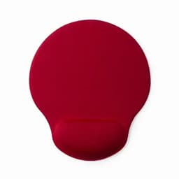 A drink bottle in a deep red shade with a rounded design and a curved base, featuring a logo.