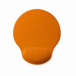 An orange promotional product with a rounded design and a small base, featuring a logo.