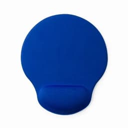 A blue promotional product with a circular design and a curved base. It features a logo.