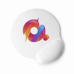 A drink bottle in white with a colourful, abstract logo in shades of pink, orange, and blue.