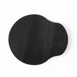 A black circular product with a unique shape, featuring a textured surface. It has a minimalist design.