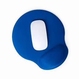 A blue mouse pad with a white mouse and a cushioned wrist rest. It has a smooth surface and rounded shape.