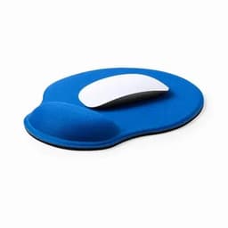 A blue mouse pad with a built-in wrist rest and a white computer mouse resting on it.