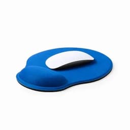 A blue ergonomic mouse pad featuring a raised wrist rest and a smooth surface for a mouse. It includes a logo.