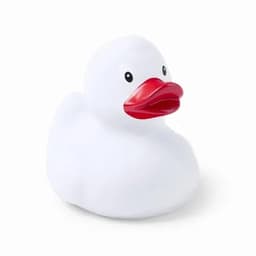 A white rubber duck with a red beak and black eyes, featuring a smooth surface and round shape.
