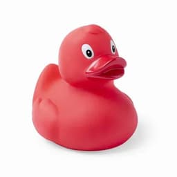 A red rubber duck with large eyes and an expressive beak, featuring a smooth surface and rounded body.