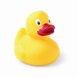A yellow rubber duck with a red beak and prominent eyes, featuring a simple and smooth design.