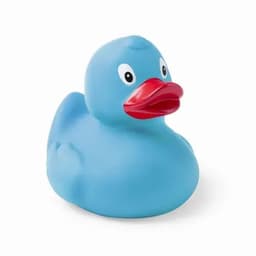 A blue rubber duck with a red beak and prominent eyes, featuring a simple, rounded design.