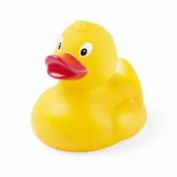 A yellow rubber duck with a red beak and cartoonish eyes, featuring a smooth, rounded body and a friendly expression.