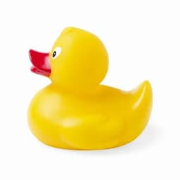 A yellow rubber duck with a red beak and wide eyes, featuring a smooth, rounded body.