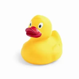 A rubber duck in bright yellow with a red beak, featuring a friendly expression and rounded body.