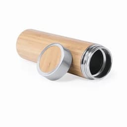A bamboo drink bottle with a silver screw cap, featuring a sleek cylindrical design.