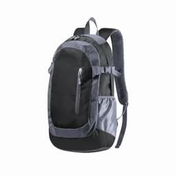 A black and grey backpack with adjustable straps and a mesh side pocket, featuring a logo.