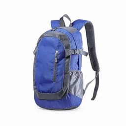 A blue and grey backpack with multiple pockets and adjustable straps. It features a mesh side pocket.