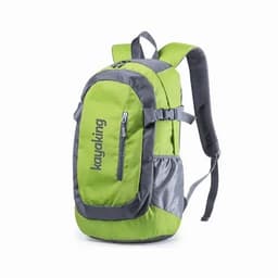 A green and grey backpack with padded straps and a mesh side pocket, featuring a logo on the front.