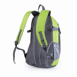 A backpack in grey and bright green, featuring padded straps and a mesh side pocket. It has a sleek, modern design.