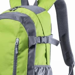 A green and grey backpack featuring padded shoulder straps and a side zip pocket. It has a logo on the front.