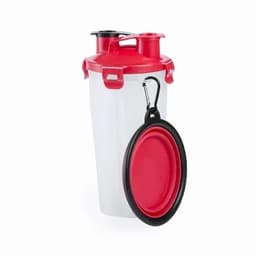 A drink bottle in clear plastic with a red lid and spouts, accompanied by a red collapsible cup and carabiner.