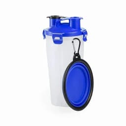 A drink bottle in clear plastic with a blue lid and spout, accompanied by a matching blue collapsible bowl and carabiner.